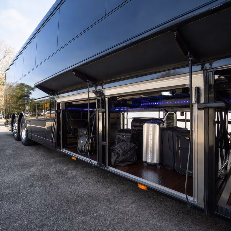Party bus interior with wraparound leather seating and LED lighting in Fort Myers