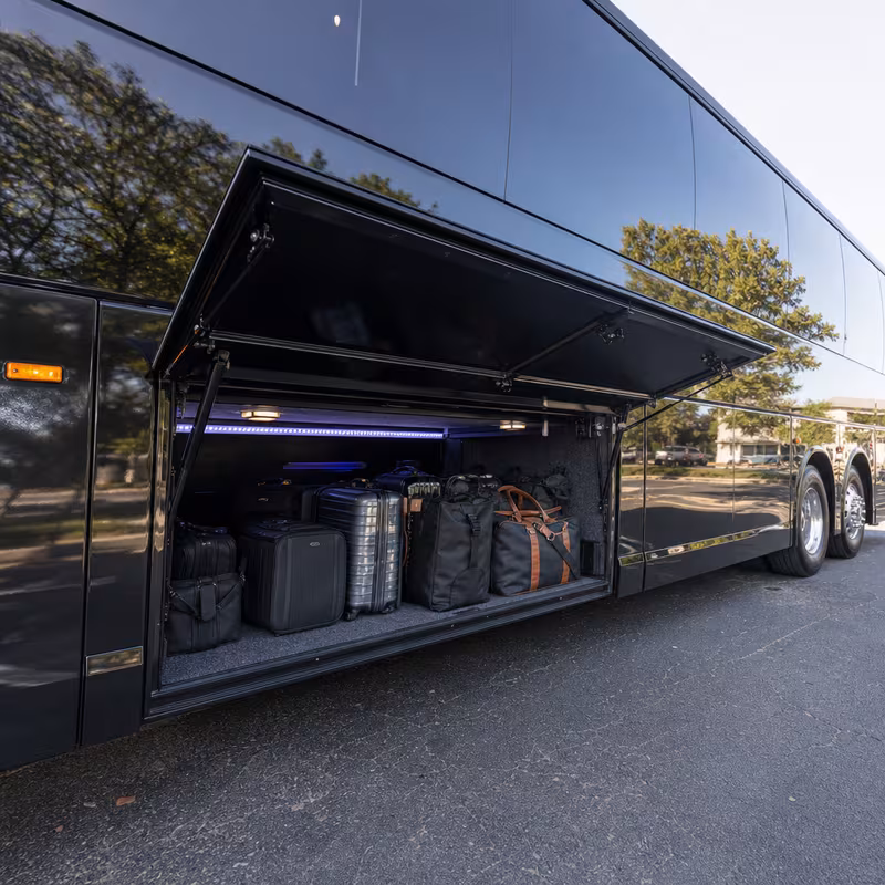 Party bus interior with wraparound leather seating and LED lighting in Fort Myers