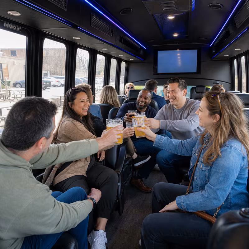 Group boarding a white charter bus for Winery & Brewery Tour Transportation transportation in Fort Myers